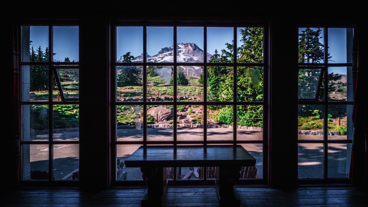 Mountain view through lodge windows